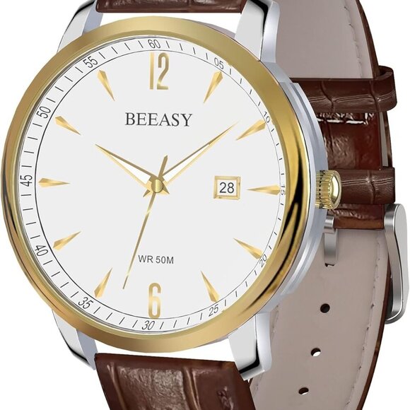 Elegant Men's Leather Strap Watch - 5ATM Waterproof, Japanese Quartz Movement - Picture 1 of 7